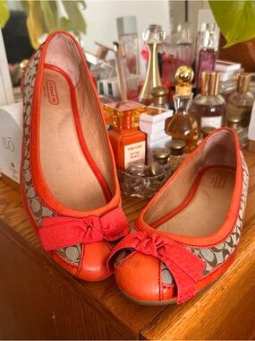 Coach Women’s red/orange Logo Ballet Flats with Bow